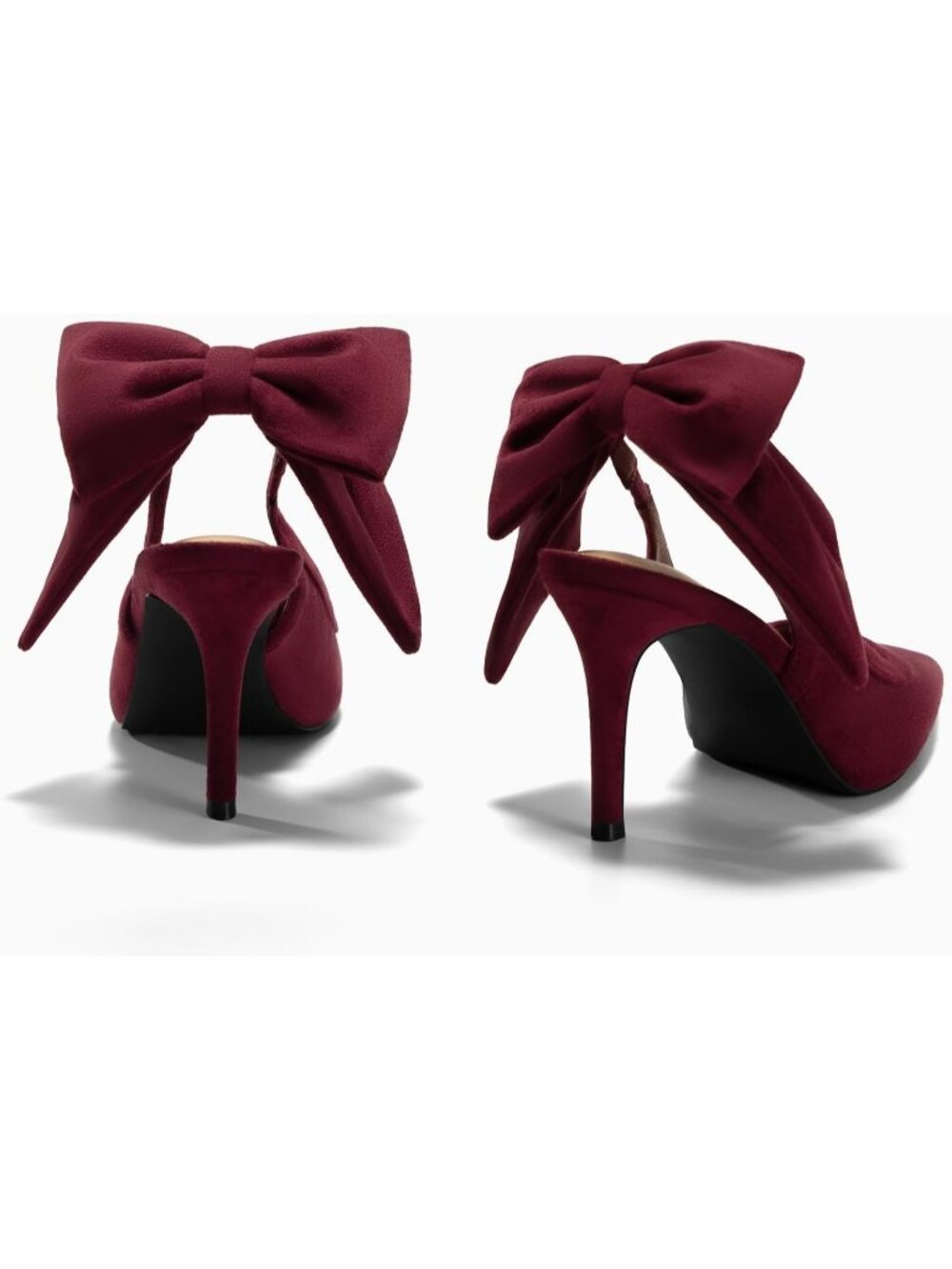 Women Suede Wine Red Slingback Bow Closed Pointed Toe Lace Patchwork High Heels - Picture 5 of 6
